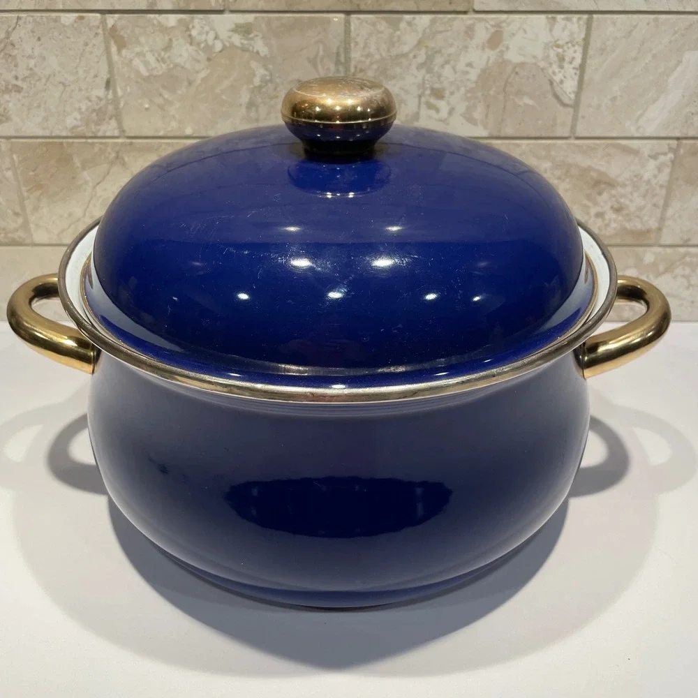 Vintage Cobalt Blue Enamel Stock Pot Gold Handles‎ Dutch Oven with Lid 10 Inch